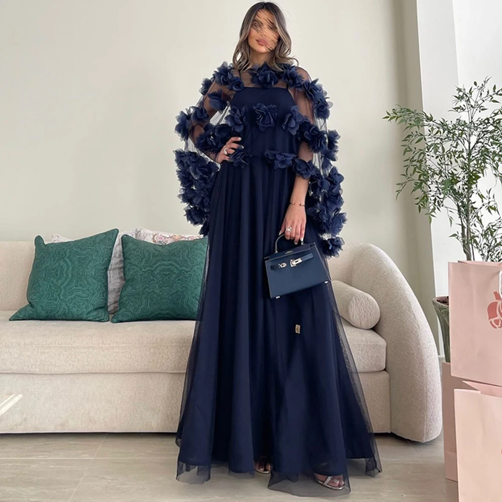 

Elegant Dark Blue Tulle O-Neck Evening Dress Sexy Flowers Shawl Prom Dresses Luxury O-Neck Customized Special Occasion Gowns