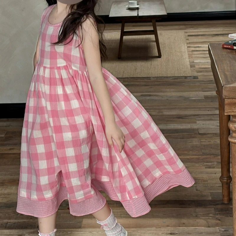 

Girls' Summer New Casual Pink Checkered Sleeveless Vest Dress with Temperament Fashionable Pastoral Style Dress