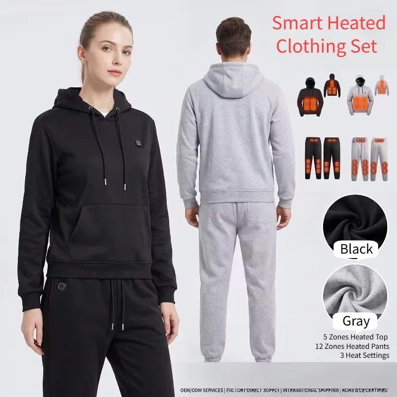 Winter New USB Heated Clothing Set, 12 Zones Hooded Pullover Sweatshirt & Heated Pants, 3 Heat Settings