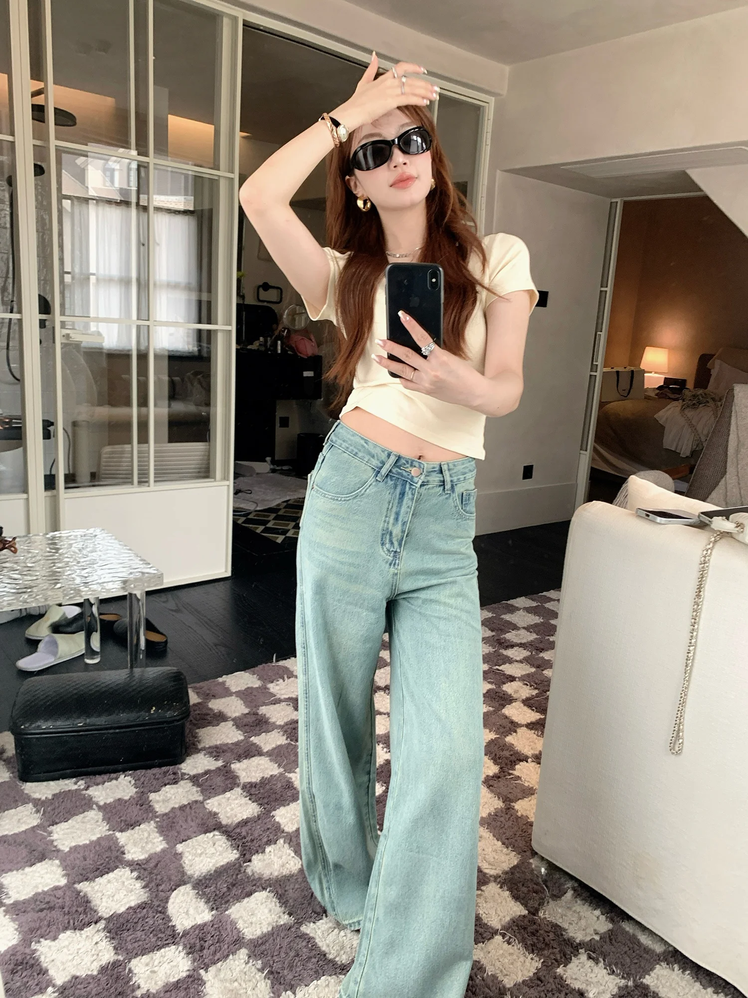 

High Waist Straight Leg Light Wash Denim Jeans Women's Casual Wide Leg Pants Retro American Style Spring Summer Ladies Jeans
