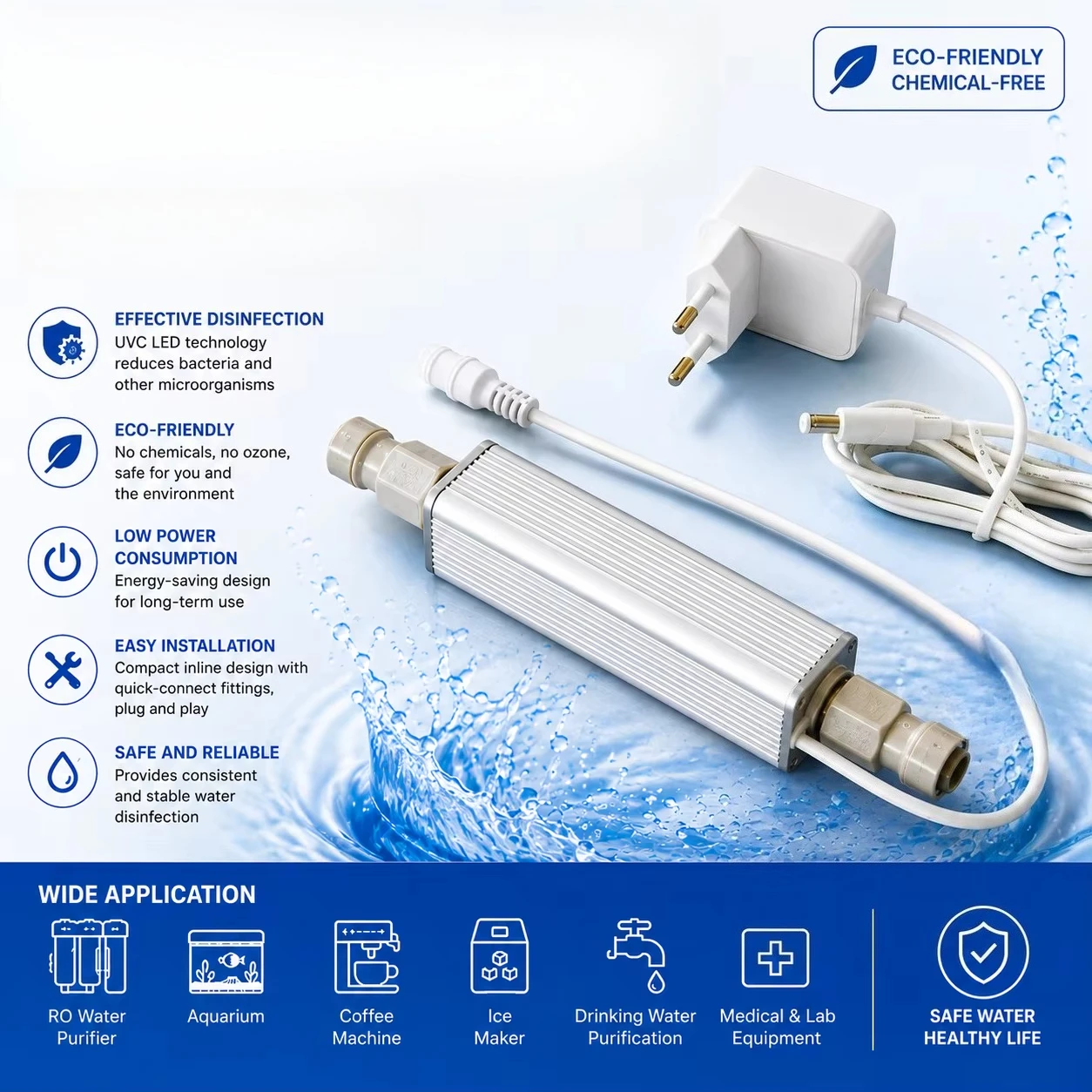 8Lpm Inline LED UV Water Sterilizer for RO Home water  disinfection Drinking Water