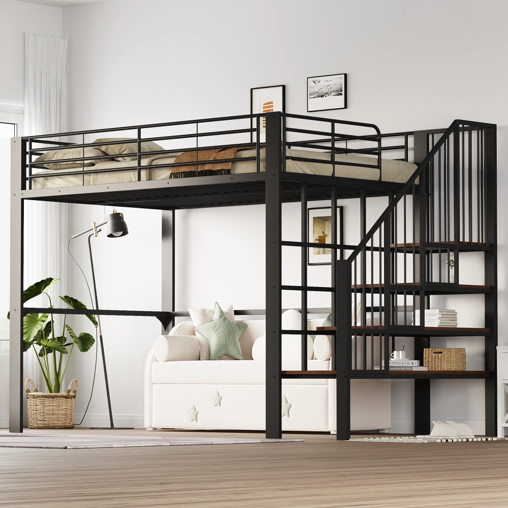 Stabiles Hochbett aus Metall, 90 x 200 cm/140 x 200 cm, mit geräumigem Stauraum unter dem Bett und Treppe für Kinder und Erwachsene, Bettgestelle und -gestelle – Detail 13