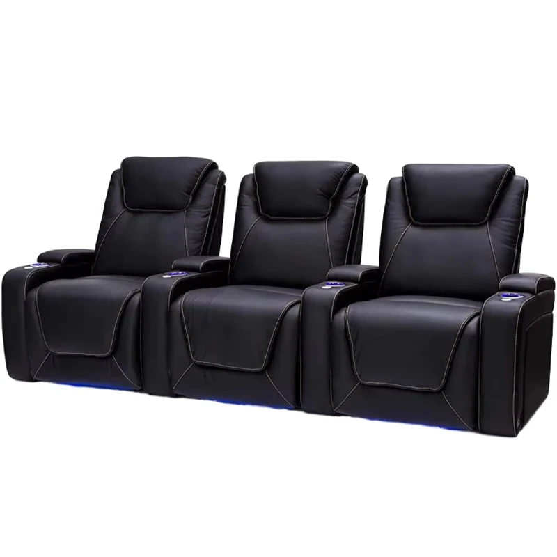 

Leather Electric Power Recliner Extendable Three Seat Cinema Sofa Set For Home Theater Coffee Table Cup Holder Wood