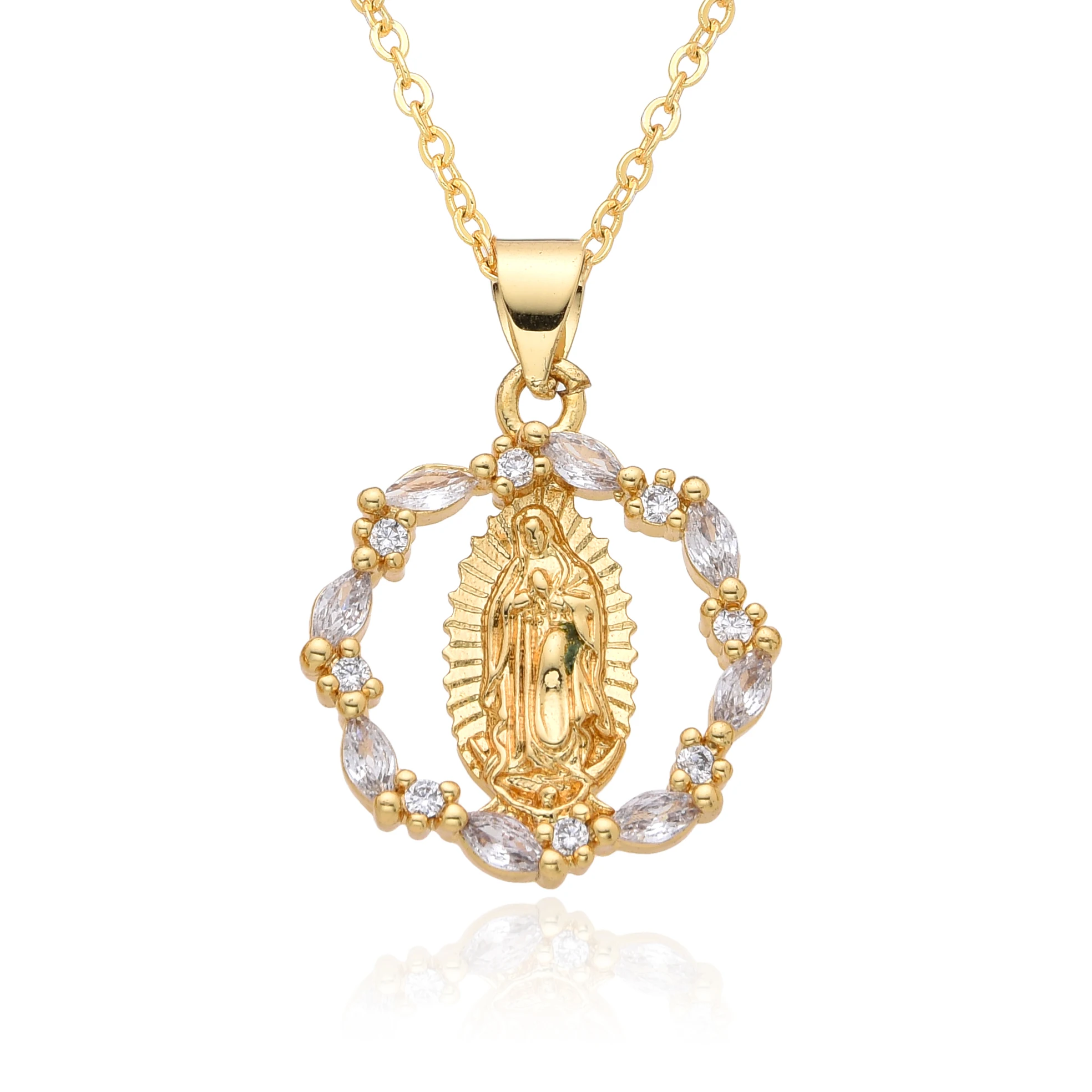 Gold Color Round Guadalupe San Judas St. Benedict Charms Cubic Zirconia Virgin Mary St. Jude Necklace for Women Pendant Jewelry