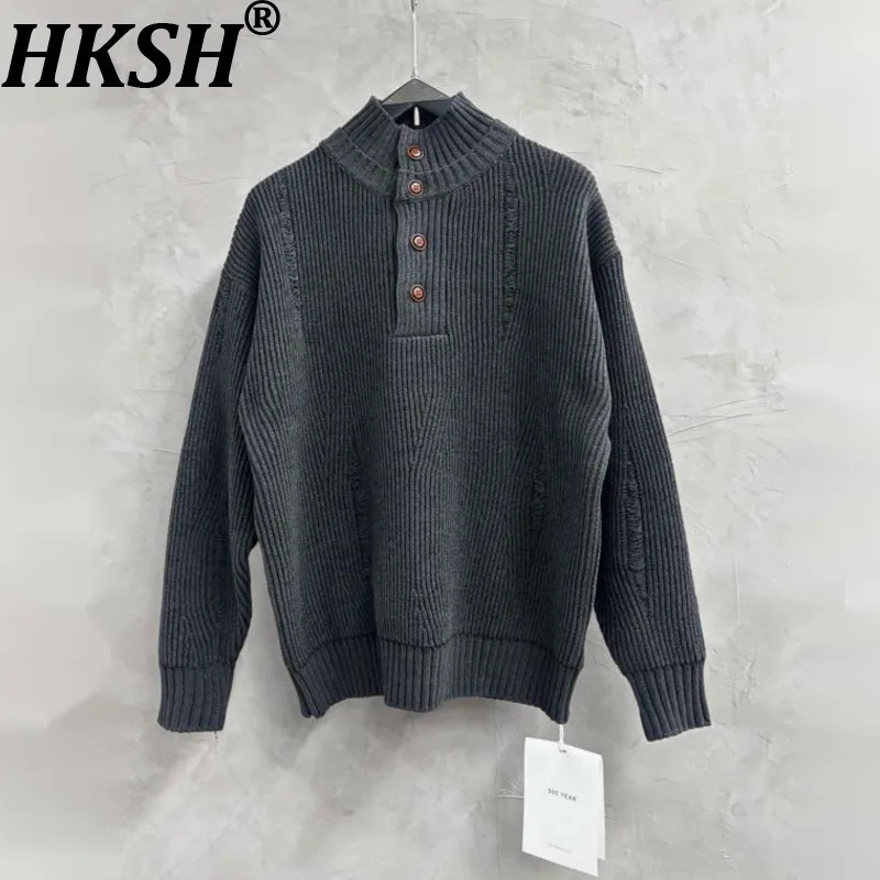 

HKSH Design Double Layer Spliced Stand Collar Sweater Men Washed Trend Knitted Sweater Autumn Winter New Casual Pullover HK14854