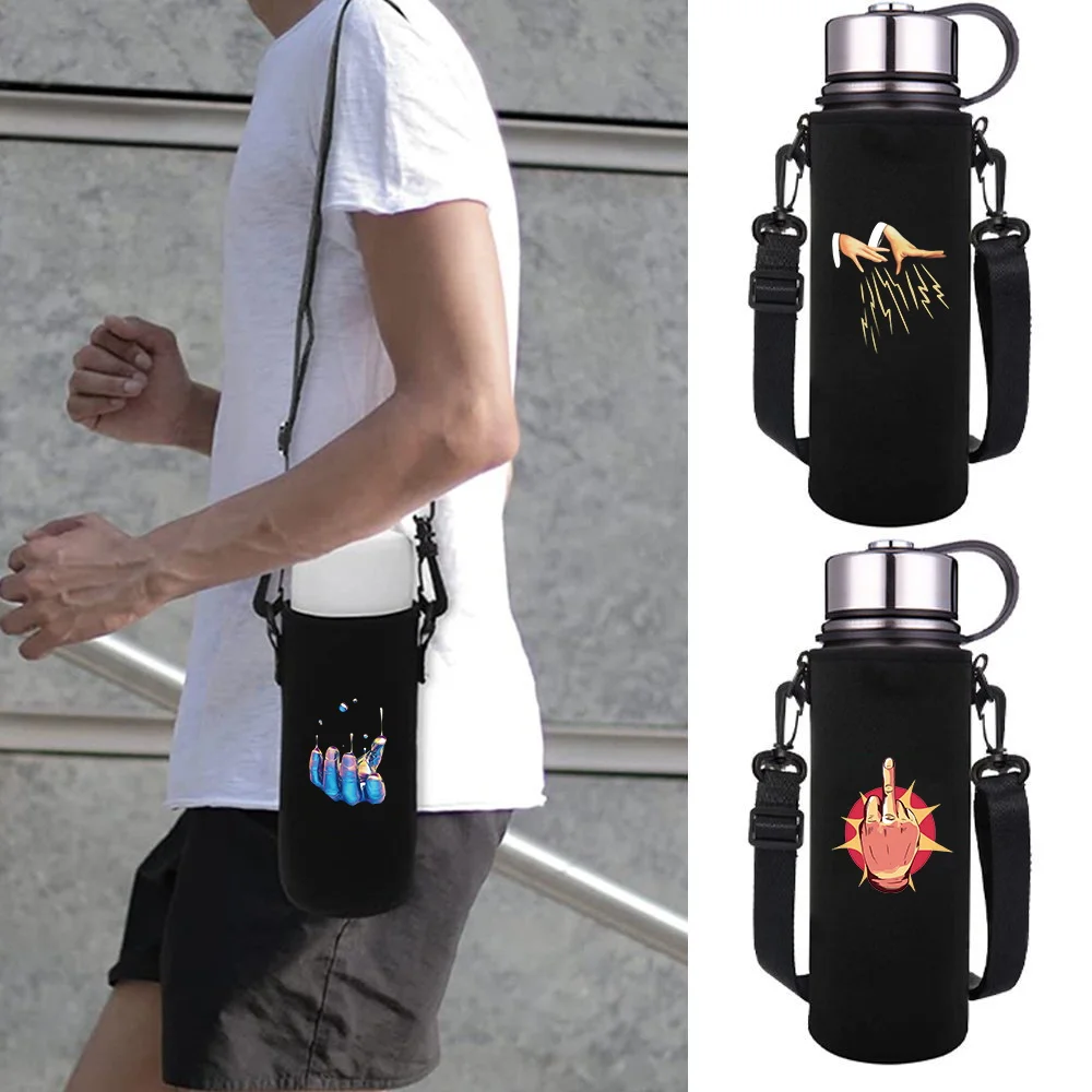 Water Bottle Sleeve Adjustable Strap,  Hand Print Portable Insulated Water Cup Sleeve for 550-1500ML Sports Bottles Case