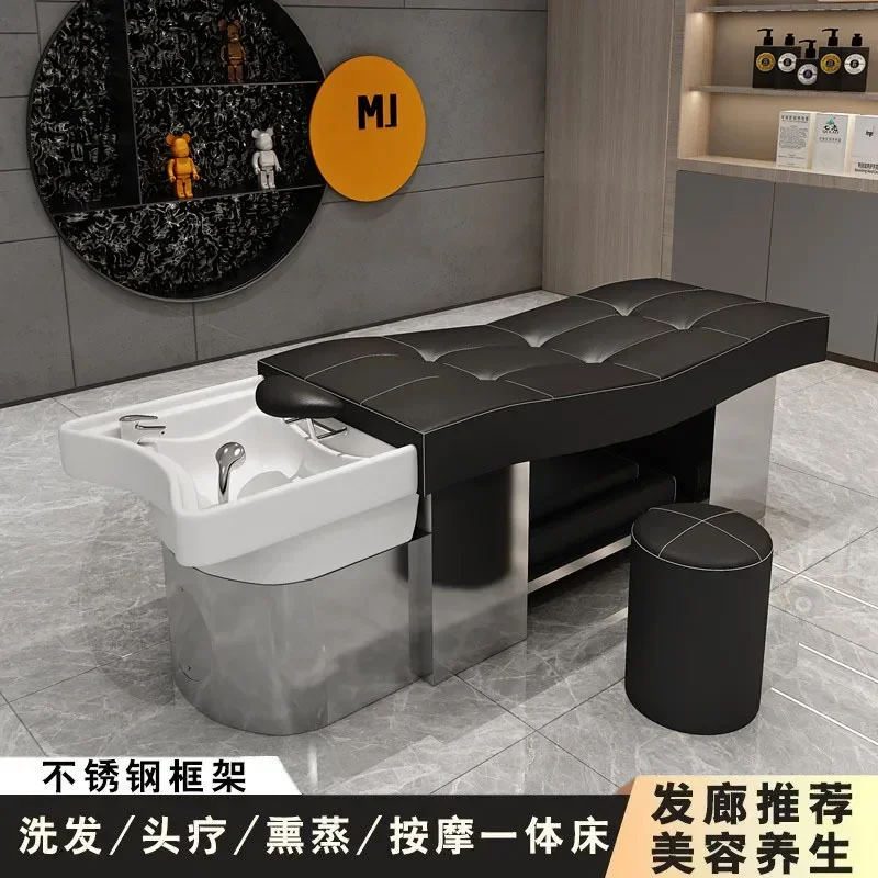 Thai Ceramic Basin Stainless Steel Shampoo Bed with Fumigation Water Circulation Massage for Hair Barber Shop Head