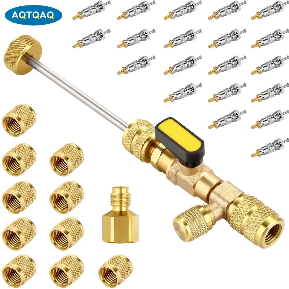 1 Set R22 R134A R12 A/C Valve Core Removal Tool, Dual Size SAE 1/4 & 5/16 Port, with R410 R32 Brass Adapter, 20pcs Valve Cores