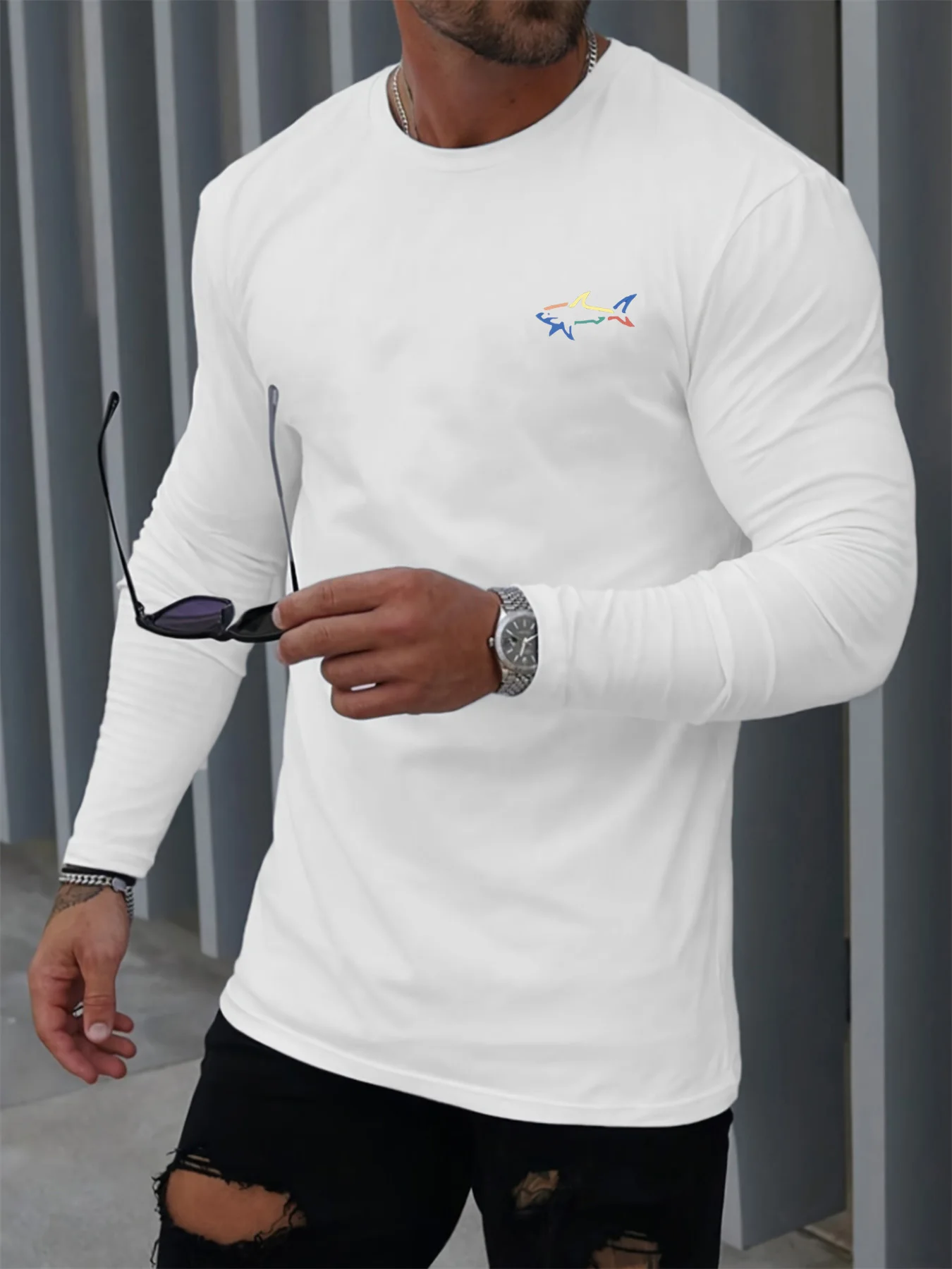 Männer Frühling Und Herbst Bequeme Casual Shark Muster Gedruckt Rundhals Langarm Mode Trend männer Kleidung Männlich Top