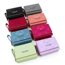 Cute Embroidery Short Fashion Women's Wallet Embroidery Zero Wallet Women's Triple Fold Bag Multi Card Large Capacity
