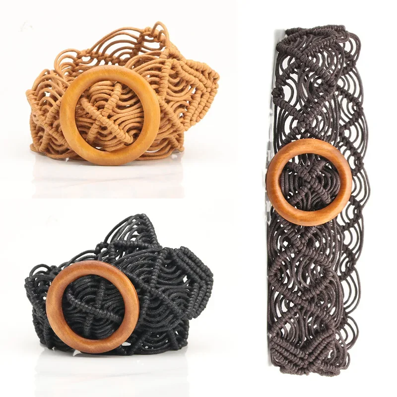 

Hot Selling Leisure Ethnic Style Wax Rope Woven Waist Belt Decorative Dress Belt Pure Hand Woven Hollow Wood Buckle Belt