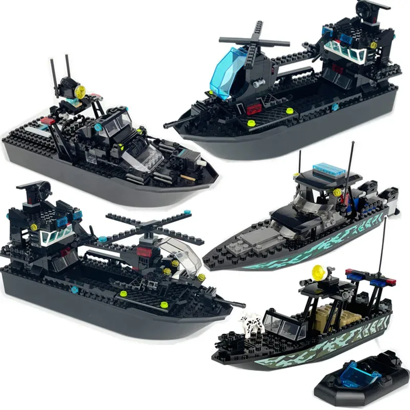 

Modern Assault Boats Transport ship Building Blocks Compatible policeman Figures Gunboat Model Bricks Toys for Child Boys Gifts