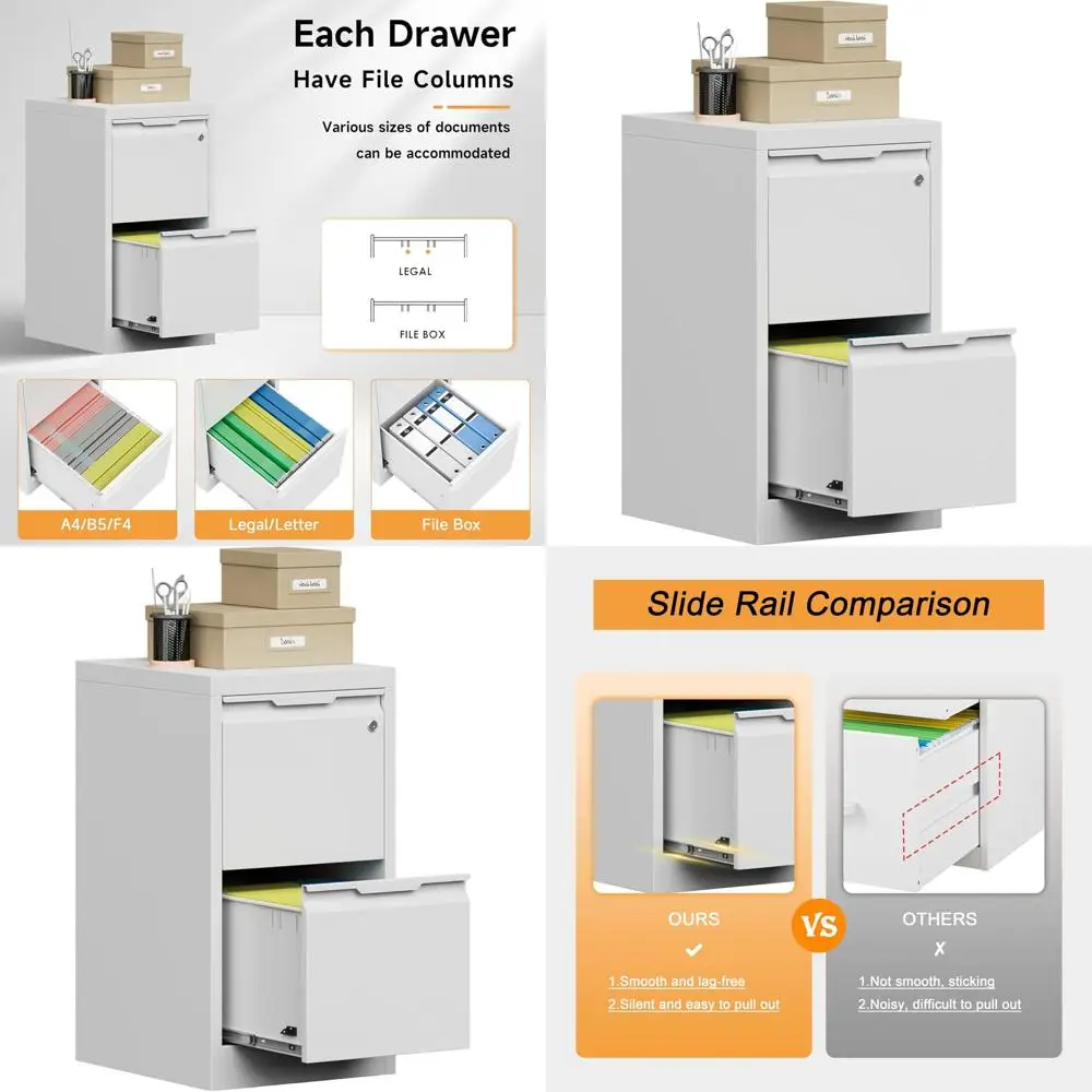 

White Metal Vertical File Cabinet with Lock, Home Office Storage, Fits Letter/Legal/F4/A4 Files, 2 Drawers, Assembly Needed