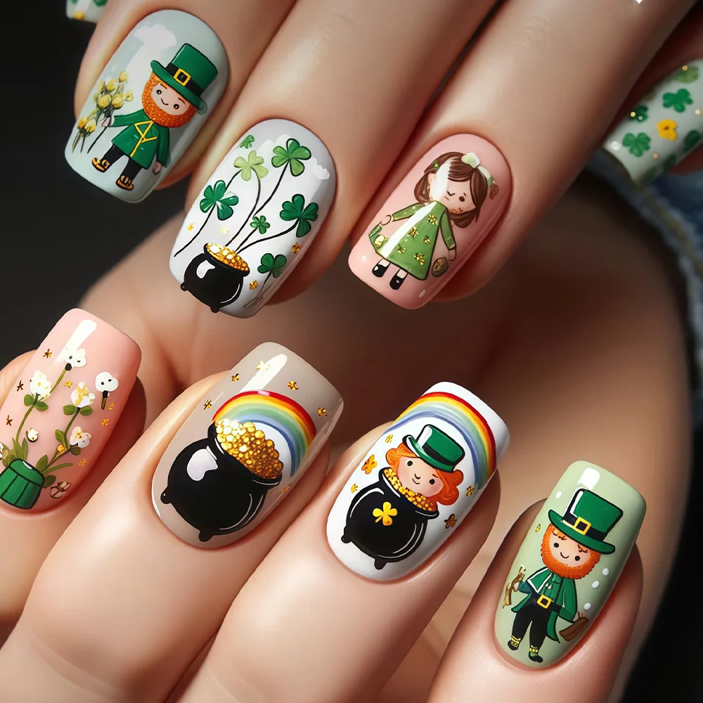 Short Square fake nails for women Nude green nail tips with cute flora human printing full cover press on false nail art set