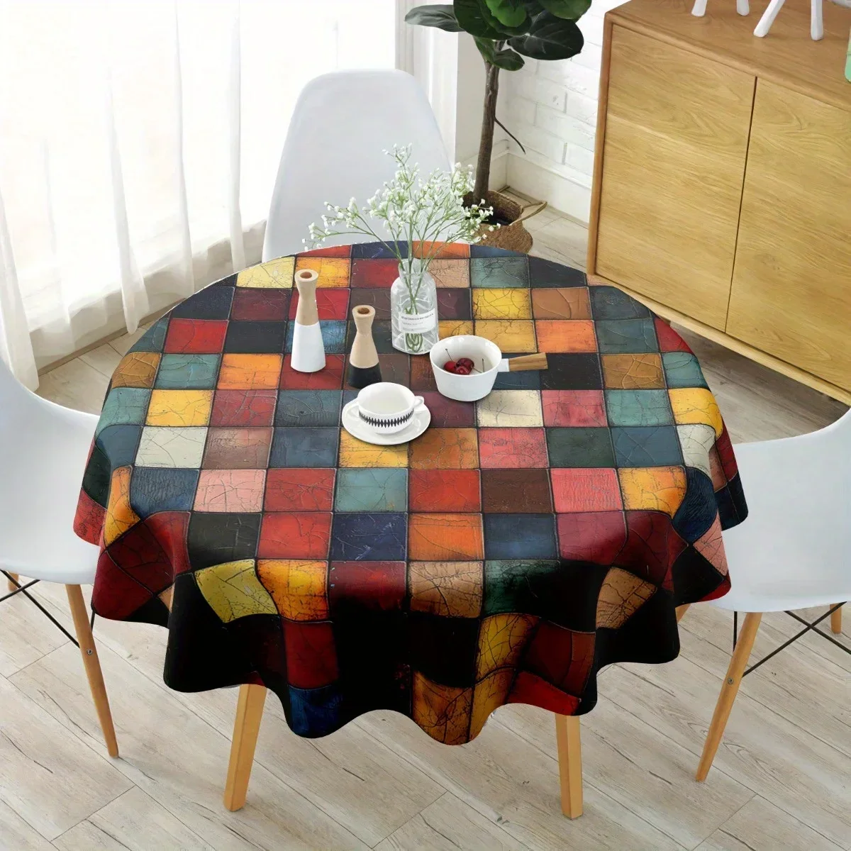 One polyester round tablecloth - featuring a geometric collage design in red, black and beige colorsxzj