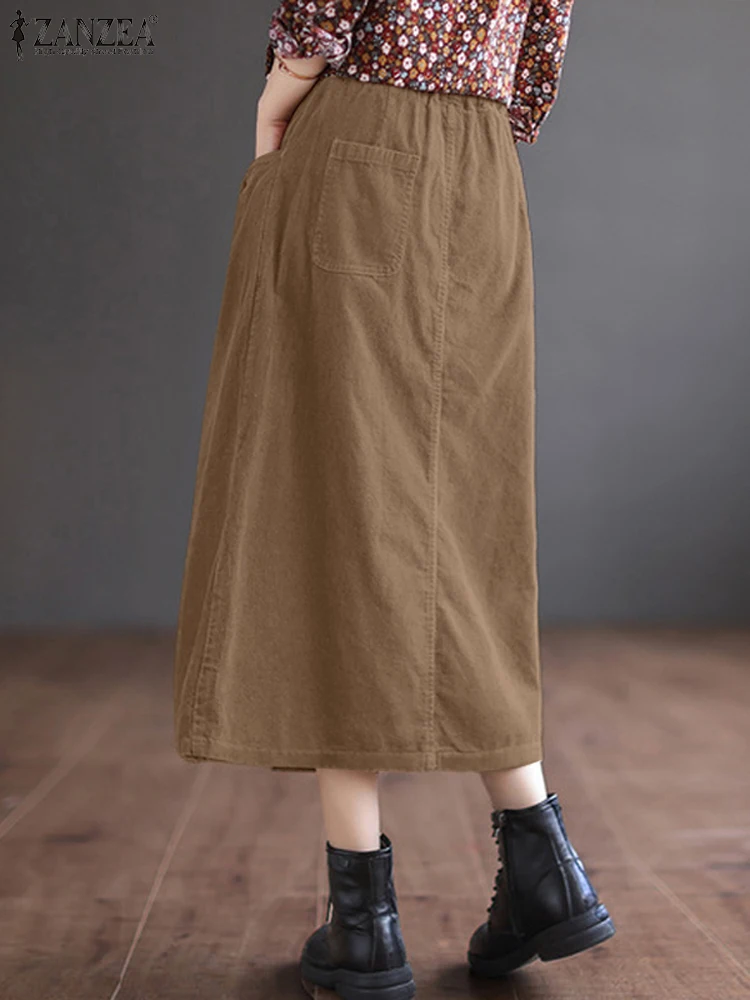 ZANZEA Autumn Women Corduroy Skirts Vintage Work Sundress Fashion High Waist Baggy Jupes Vestidos Casual Solid Midi Skirt Robe