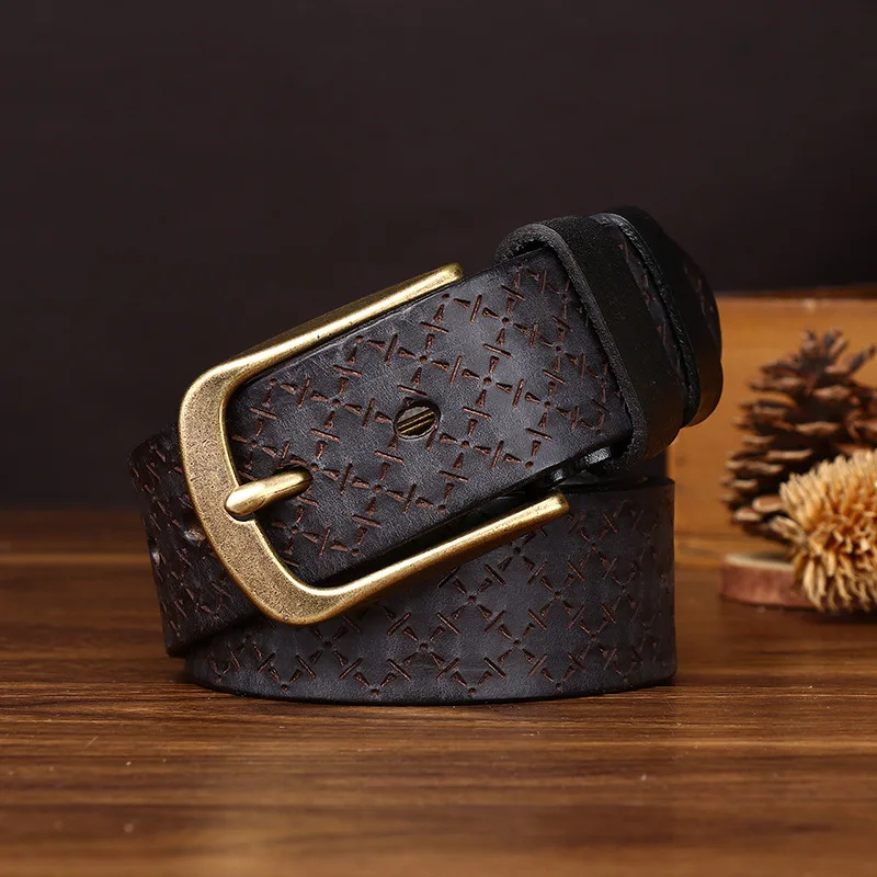 3.8cm Embossed Leather Belt Men Genuine Leather First Layer Cowhide Washed Retro Casual Workwear Pants Belt Cinturones Hombre