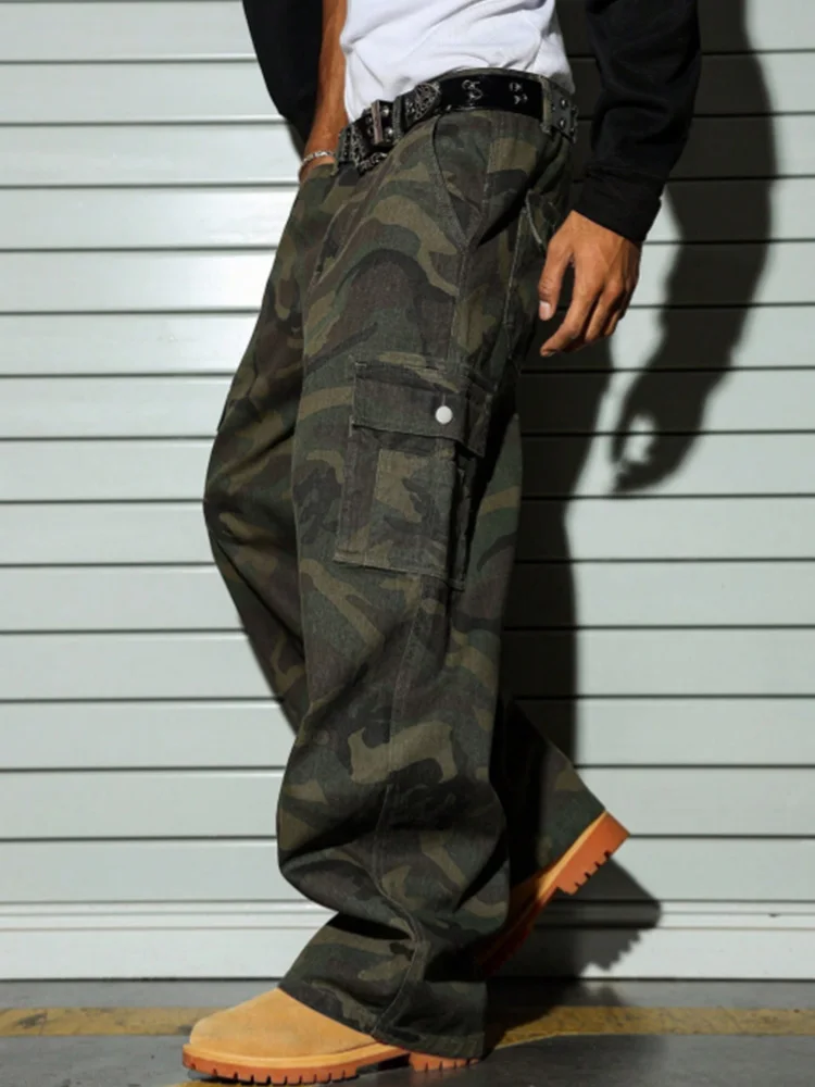 

Men's Vintage Camo Baggy Cargo Jeans, American High Street Multi-Pocket Loose Straight Fit Washed Casual Pants
