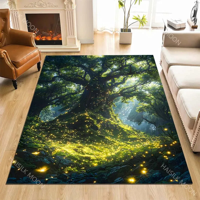 Teppich mit Aufdruck „Verzauberter Wald mit leuchtendem Baum“ für Wohnzimmer, Schlafzimmer, Sofa, Fußmatte, Heimdekoration, rutschfeste Bodenmatte