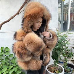 QUEENTINA Real Raccoon Fur Coat Hood New Outwears Women's Fashion Jacket High Quality Clothing Natural Raccoon 2024