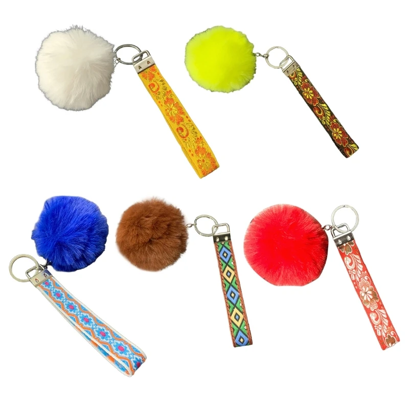 Pompon Keychain Faux Furs Keychain Furry Pompon Keychain Pompon Puff Keyring with Embroidery Strips Drop Shipping