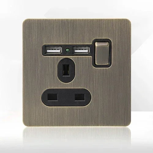 Retro Eu metalen paneel wandschakelaar lichtschakelaar stopcontact, gebronsd antiek roestvrij staal Duits 16A stopcontact met USB-telefoon opladen