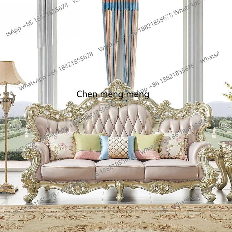 

European-style villa leather sofa combination solid wood carving flower first layer cowhide neoclassical luxury furniture