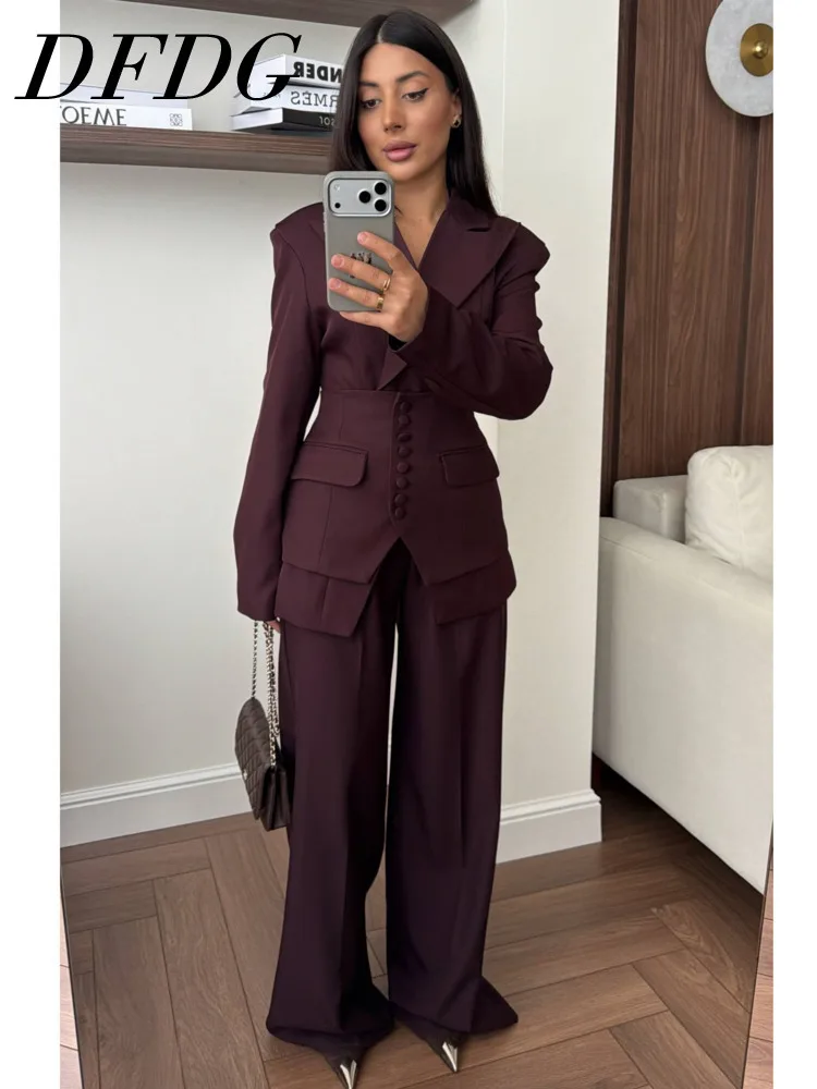 

Женский костюм DFDG: пиджак с лацканами на одной пуговице и брюки с широкими штанинами, весна-лето, офисный, модный, трендовый, 2026
