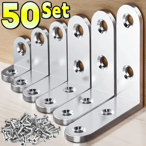 1/50Set Universal Stainless Steel Corner Bracket 90 Degree Right Angle Fixed Bracket Wood Furniture Bedframe Cabinet Accessorie