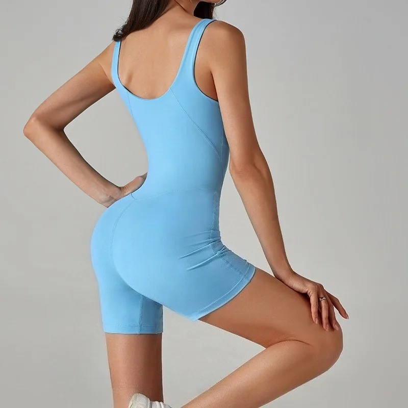 Pantaloncini filettati senza cuciture Tuta Fitness Yoga Asciugatura rapida Senza maniche Traspirante Abbigliamento aderente per abbigliamento sportivo da donna