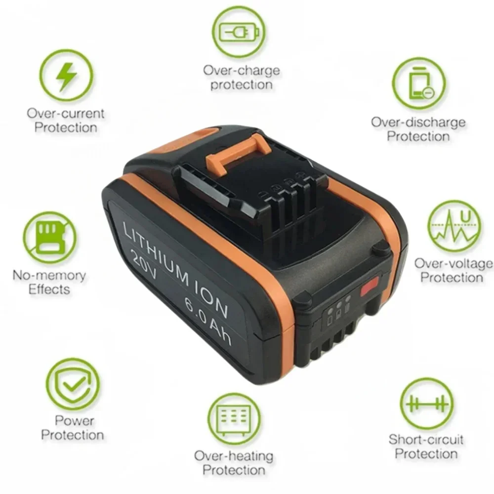 Batterie 20V 6000mAh, pour Worx WX390/WX176/WX166.4/WXino 2.1 WX800/WX678/WX550/WX532/WG894E WG629E/WG329E/WNip