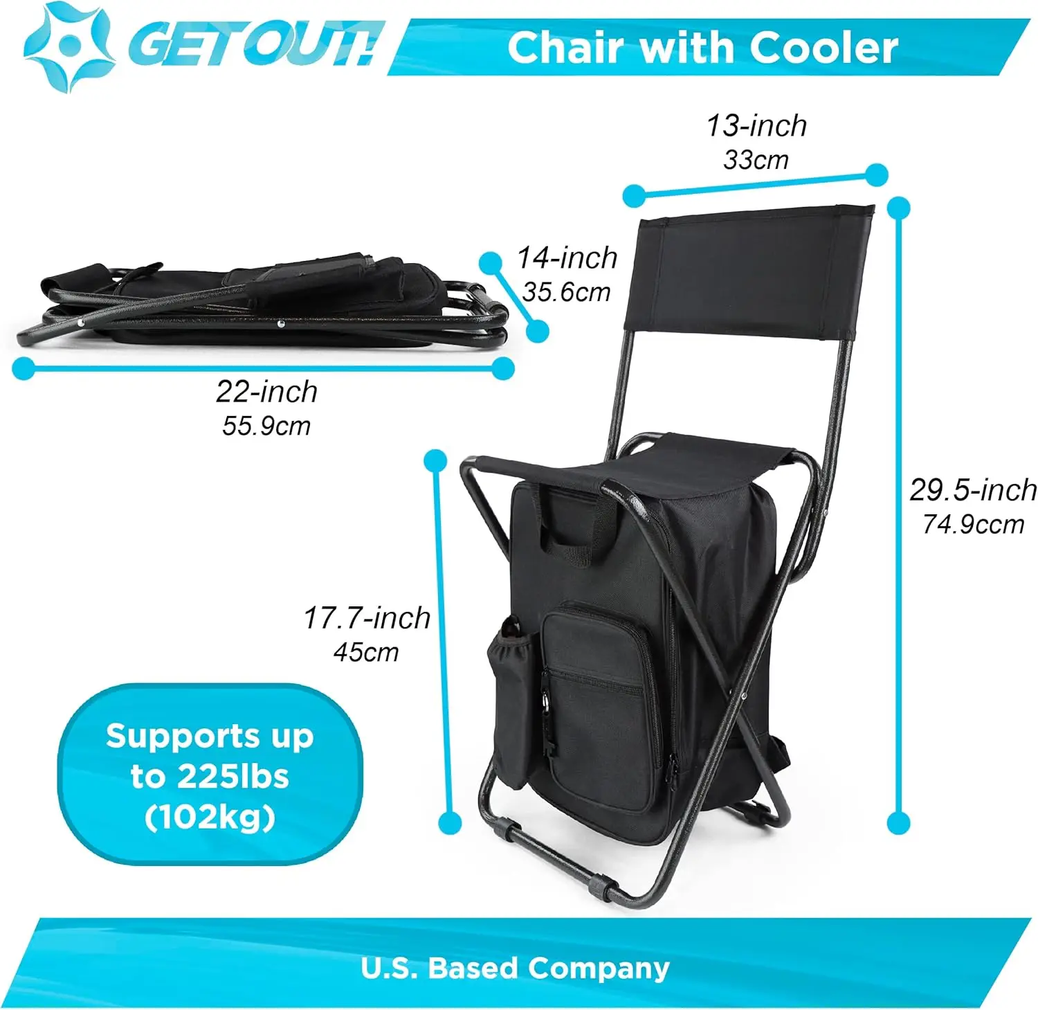 كرسي صيد الجليد قابل للطي مع مبرد، سعة 225 رطلاً، كرسي حقيبة ظهر محمول للتخييم وصيد الأسماك والصيد والخلف #2