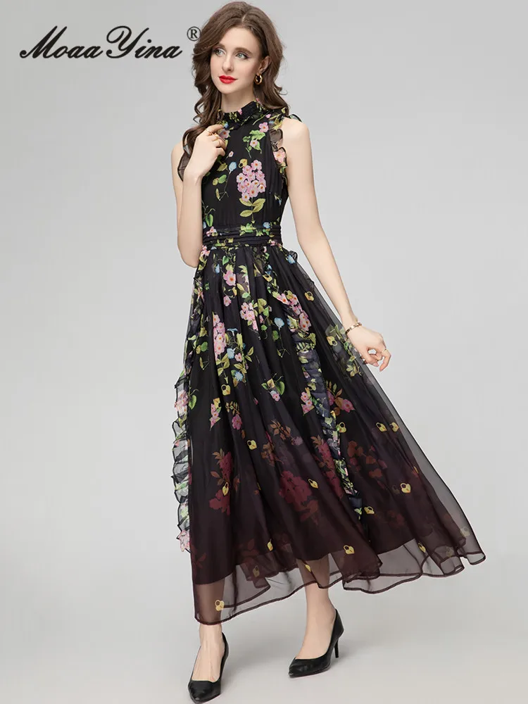 Moaayina Spring Modedesigner Vintage Weste Kleid mit Blumen druck Damen Stehkragen Rüschen Plissee hohe Taille schlankes langes Kleid