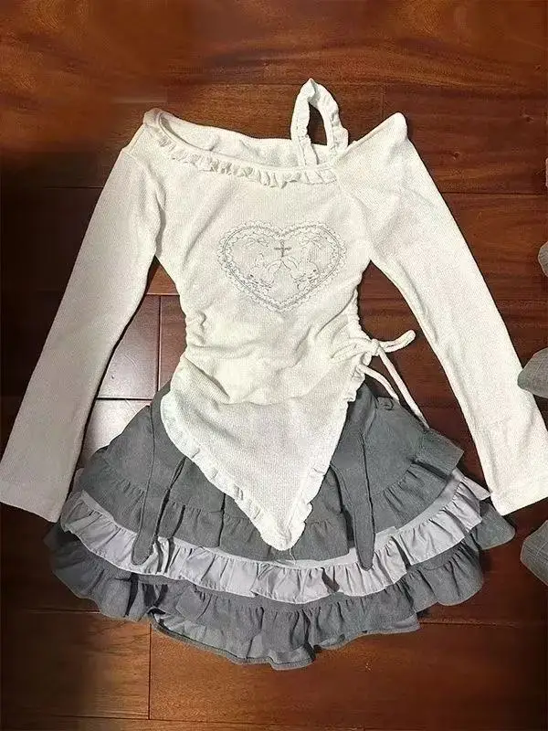 

Sweet Kawaii 2 Piece Set Women Zipper Hooded Tops + Short Cake Skirt Japanese New Fashion Lace Patchwork Cute Suit Summer 2025