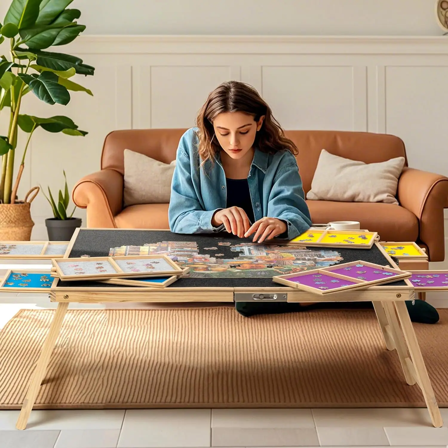 2000 Piece Foldable Puzzle Board with Cover, Wooden Jigsaw Puzzle Table with 8 Drawers, Portable Puzzle Easel with Folding Legs,