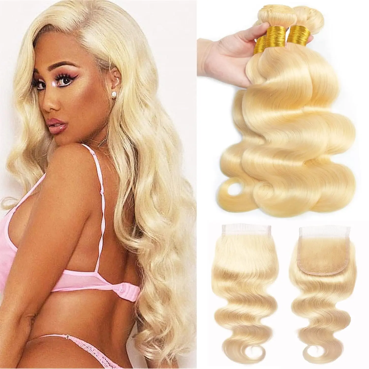 

Body Wave Bundles with Closure 613 Blonde Human Hair Bundles 4x4 Brazilian Hair Weave 100% Human Hair Closure Hair Extentions