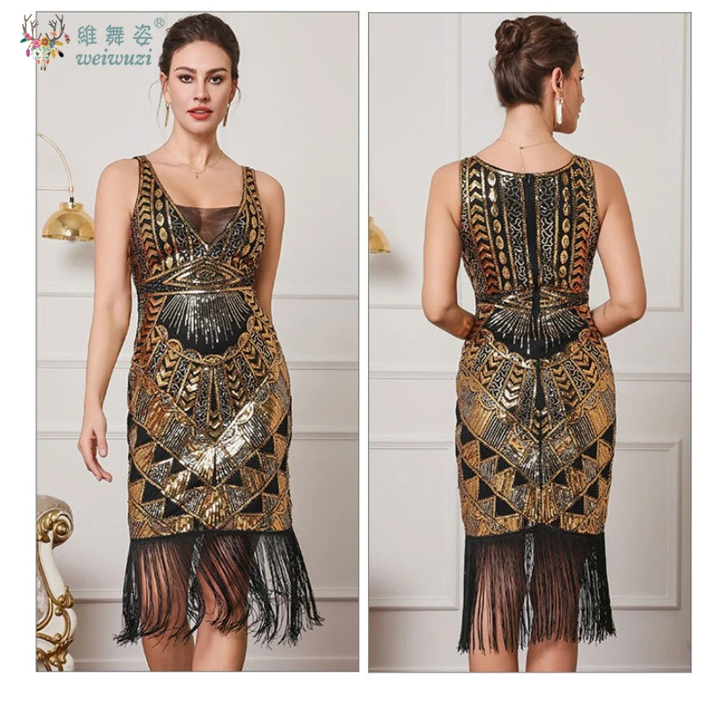 Sexy V-Ausschnitt, Pailletten, Perlenstickerei, Retro-Balltanzkleid, mittellanges Abendkleid mit Quaste und elegantem und bezauberndem Temperament