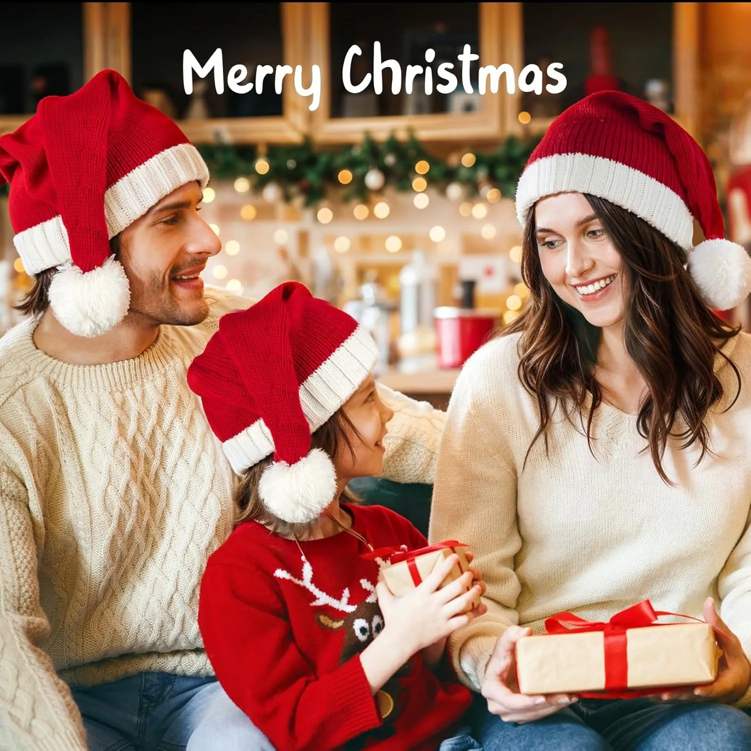 Weihnachtsaccessoires Weihnachtsmütze mit Pompons, rote gestrickte Weihnachtsmütze für Damen, Herren, Kinderparty-Verkleidung, Familien-Weihnachten
