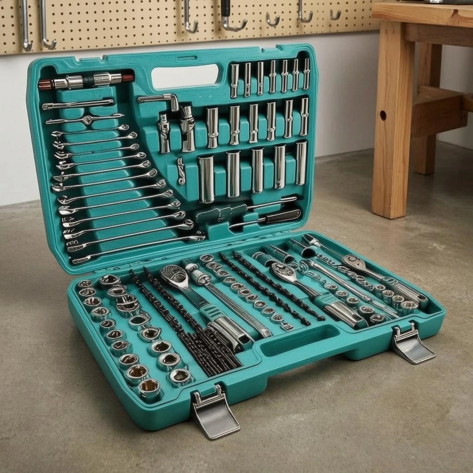Automotive Repair Tool Kit Molded Compartments 121-Piece Tool Kit Ratchet Wrench Set Organized Storage Garage Gear Chrome Finish
