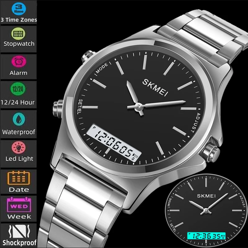 Skmei Three Time Zone Men's Quartz Watch Luxury Stainless Steel Band Waterproof Digital Sport's Wristwatch Fashion Bracelet Time