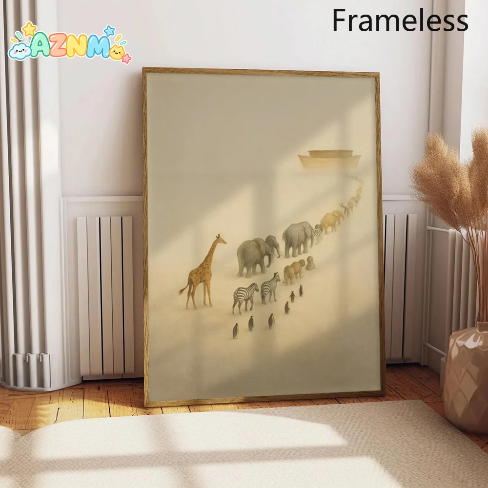 2D Flat, 2D Flat, 1pc Unframed Canvas Art Depicting a Safari Adventure, Featuring Noah'S Ark. This Wildlife Journey Serves As
