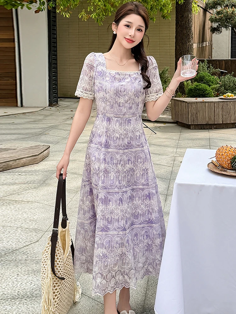 

2026 Purple Embroidery Floral Chiffon Long Dress Summer Short Sleeve Square Collar Dress Women Korean Elegant Bodycon Prom Dress