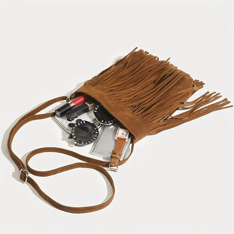 Boho Style Tassel Crossbody Bag Vintage Suede Shoulder Bag Casual Fringe Messenger Bag For Women