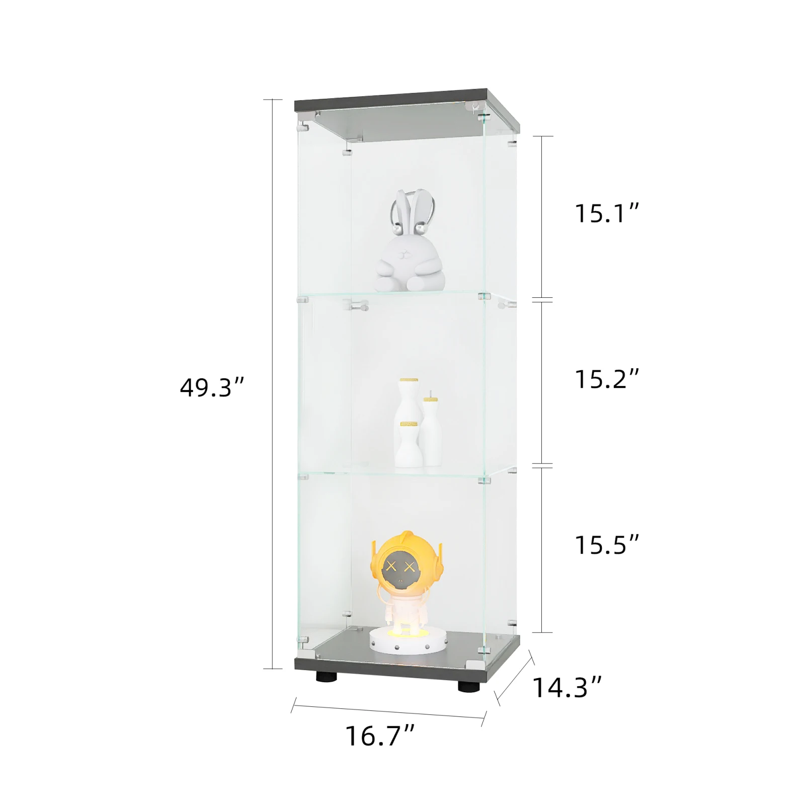 Einzelne Vitrine mit 3 Ebenen aus gehärtetem Glas, modernes, staubdichtes Schaukastenmodell mit Ablagefächern, freistehende Vitrine in Weiß und Schwarz für Sammlerstücke, geeignet für Wohnzimmer,
