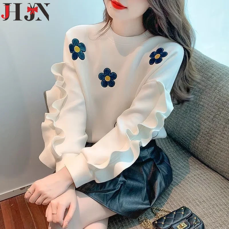 2024 Autumn models Women's Sweatshirt Korean version Fashion Loose Pullover Embroidery Flower Sequins Crew Neck Sweatshirt