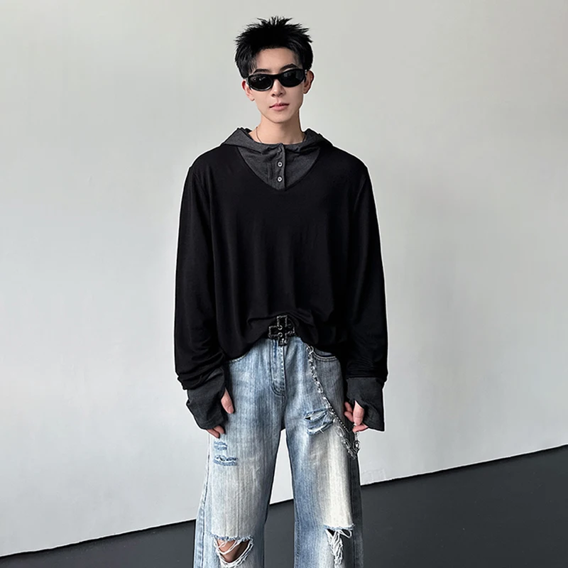 LUZHEN Hoodies 2026 New Splicing Fake Two Piece Design Pullover Men's Fashion Handsome High Quality V Neck Casual Clothes JY8408