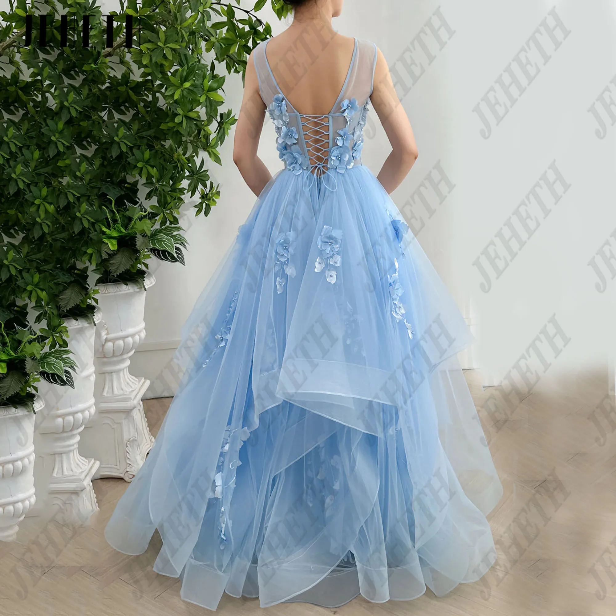 JEHETH 3D Flowers Prom Dresses Tiered Tulle Sky Blue Party Gowns For Woman Backless A-Line vestidos de ocasião Scoop Neck