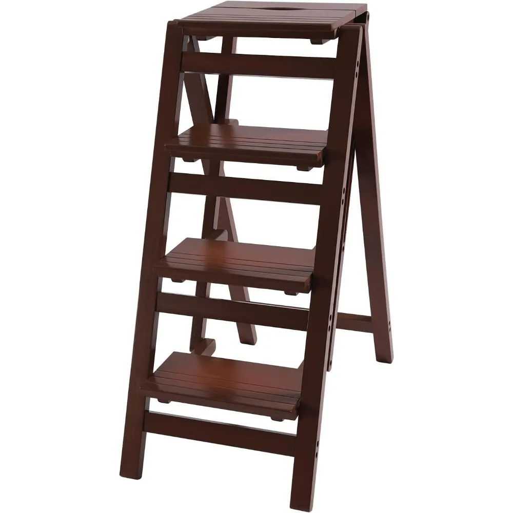

Wooden 4 Step Ladder, Foldable Ladder Stool, Library Ladder w/Thickened & Widened Pedal, for Home,Office, Kitchen, 16.34" L X 28