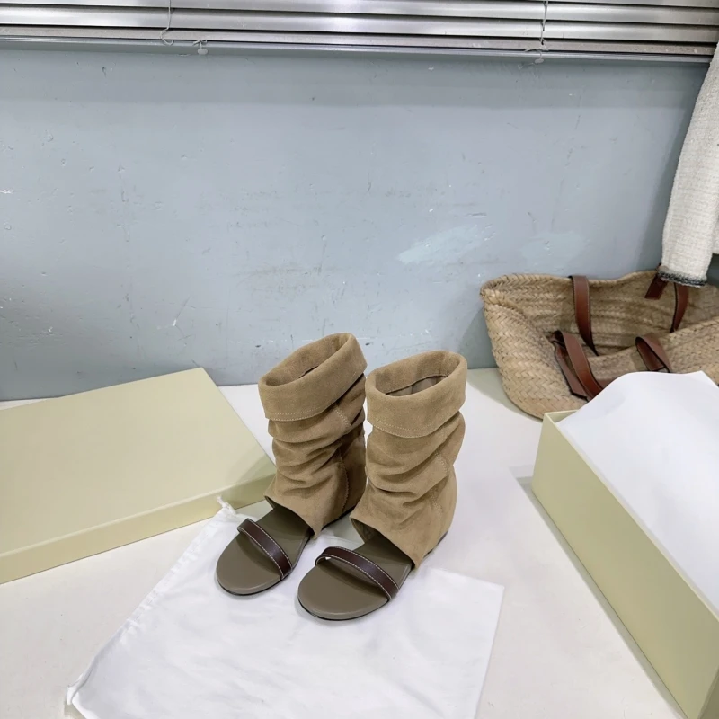 New European and American style leather round toe straight strap sandals with increased height and pleats inside, midsole boots,