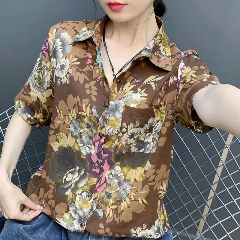 Women\'s Clothing Turn-down Collar Blouse Vintage Floral Printed Summer Short Sleeve Casual Stylish Pockets Spliced Button Shirt